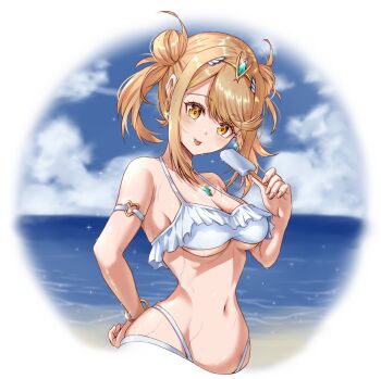 1girl :p alternate_costume alternate_hairstyle arm_behind_back arm_strap beach bikini blonde_hair blue_sky bracelet breasts chest_jewel cleavage commentary_request core_crystal_(xenoblade) cropped_torso day earrings food gem green_gemstone highres holding holding_food holding_popsicle jewelry kenichiart looking_at_viewer medium_breasts mythra_(xenoblade) navel popsicle sky solo stomach swimsuit tiara tongue tongue_out underboob white_bikini xenoblade_chronicles_(series) xenoblade_chronicles_2 yellow_eyes