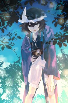 1other androgynous annoyed black_eyes black_hair black_hat black_shirt blue_sky camera camera_around_neck chinese_commentary coattails collared_shirt commentary commentary_request dappled_sunlight day detached_hood english_commentary feet_out_of_frame frilled_headwear frilled_shorts frills frown hair_between_eyes hand_on_own_hip hand_on_own_knee hat highres hood hood_down hooded_jacket jacket knees leaning_forward len&#039;en looking_at_viewer mixed-language_commentary mob_cap open_clothes open_jacket open_mouth other_focus outdoors purple_jacket shirt shitodo_kuroji short_hair shorts sky solo sunlight teeth tree triangular_headpiece upper_teeth_only v-shaped_eyebrows white_shorts yancao_(pixiv_103434280)