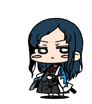 1girl :< black_hair black_jacket black_pants blue_haori blush_stickers chibi chibi_only commentary_request full_body gyousatsu_shinsengumi hand_on_hilt haori hijikata_toshie jacket japanese_clothes katana lapels long_hair looking_at_viewer necktie o_o pants parted_bangs red_necktie sheath sheathed shinsengumi simple_background solo standing sword weapon white_background yagumo_kengou