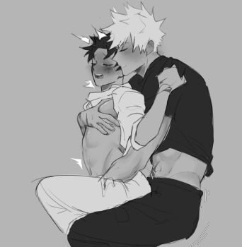 abs bakugou_katsuki blush boku_no_hero_academia bones_(company) clothes_lift freckles male_masturbation masturbation messy_hair midoriya_izuku moaning pectorals rin22bonkydonk saliva scar shirt_lift shounen_jump sitting spiked_hair sweatdrop yaoi