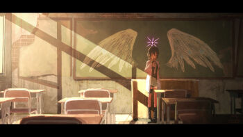 1girl absurdres black_boots black_dress black_gloves black_hair blue_archive boots classroom collared_shirt dress finger_to_mouth gloves hair_between_eyes halo highres indoors jacket looking_at_viewer necktie norio_(norio386) open_clothes open_jacket purple_eyes purple_halo shirt short_hair shushing sidelocks solo subaru_(blue_archive) thigh_strap white_jacket white_necktie white_shirt