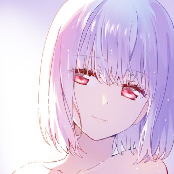 Rule 34 | 1girl, bare shoulders, collarbone, commentary, gridman universe, hair between eyes, light smile, looking to the side, medium hair, portrait, purple hair, red eyes, shinjou akane, ssss.gridman, untranslatable commentary, usamin (megumikira)