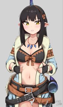 1girl alternate_costume belt black_bra black_hair blue_jacket bra breasts cleavage fake_horns fingerless_gloves gloves grey_background hairband headband highres horn_hairband horns jacket jewelry large_breasts looking_at_viewer minoto mocha_mh monster_hunter_(series) monster_hunter_rise navel necklace open_clothes open_jacket open_mouth pointy_ears underwear yellow_eyes