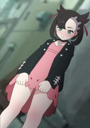 1girl animated aqua_eyes black_hair black_nails blush choker cleft_of_venus clenched_teeth clothes_lift dress dress_lift embarrassed fat_mons from_below hair_ornament kyodori_(oyogume) lifting_own_clothes long_hair looping_animation marnie_(pokemon) multicolored_hair nail_polish nintendo no_panties outdoors pokemon pokemon_swsh pussy teeth twintails two-tone_hair uncensored video