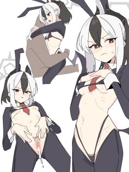 1boy 1girl absurdres after_vaginal aftersex animal_ears bikini black_bikini black_hair black_horns blue_archive breasts closed_mouth cum cum_in_pussy cumdrip fake_animal_ears female_pubic_hair grey_halo hair_between_eyes halo hetero highres horns kayoko_(blue_archive) long_sleeves multicolored_hair multiple_views navel ponytail pubic_hair purple_wings rabbit_ears red_eyes sex simple_background single_wing small_breasts stomach straddling swimsuit toriko_(honmono) two-tone_hair uncensored upright_straddle white_background white_hair wings