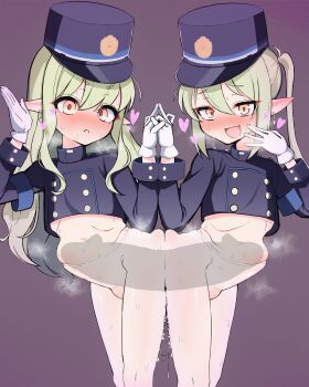 2girls benway blue_archive blush buttons dildo double-breasted double_dildo gloves green_hair hat heart highres hikari_(blue_archive) holding_hands loli long_hair looking_at_viewer multiple_girls nozomi_(blue_archive) pantyhose peaked_cap pointy_ears pussy_juice sex_toy stomach_bulge twintails white_gloves white_pantyhose x-ray yellow_eyes