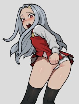 1girl ass black_thighhighs blush boku_no_hero_academia cameltoe dress embarrassed eri_(boku_no_hero_academia) from_behind grey_background grey_hair highres horns kneepits loli long_hair long_sleeves loodncrood nose_blush open_mouth panties pantyshot red_dress red_eyes shirt simple_background single_horn solo standing teeth thighhighs underwear upper_teeth_only white_panties white_shirt