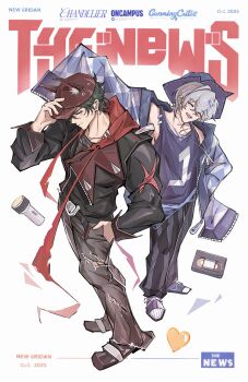 2boys animal_hat baibian6665 bare_shoulders baseball_cap belt black_jacket black_pants black_shirt blue_jacket blue_tank_top blush brown_pants brown_shoes cassette_tape cat_hat closed_eyes collarbone ear_piercing english_text flashlight from_above green_hair grey_hair hair_between_eyes hand_in_pocket hand_on_headwear hashtag-only_commentary hat heart highres implied_yaoi jacket jewelry light_smile lighter_(zenless_zone_zero) male_focus multiple_boys necklace open_mouth pants piercing red_hat red_scarf scarf shirt shoes short_hair socks striped_clothes striped_pants tank_top teeth torn_clothes torn_pants torn_scarf torn_shirt unzipped upper_teeth_only white_background white_socks wise_(zenless_zone_zero) zenless_zone_zero zipper zipper_pull_tab