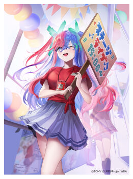 1girl balloon black-framed_eyewear blue_eyes border copyright_notice dqn_(dqnww) glasses holding holding_sign id_card looking_at_viewer multicolored_hair official_art one_eye_closed red_hair red_shirt servant_sharp shirt sign skirt smile solo split-color_hair two-tone_hair white_border white_skirt wixoss