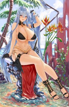 bikini black_bikini black_gloves blue_hair breasts commentary_request detached_collar gloves hand_in_own_hair highres holster large_breasts light_blue_hair long_hair palm_tree red_eyes selvaria_bles senjou_no_valkyria senjou_no_valkyria_(series) senjou_no_valkyria_1 shower_head sitting swimsuit thigh_holster thigh_strap toyoman tree