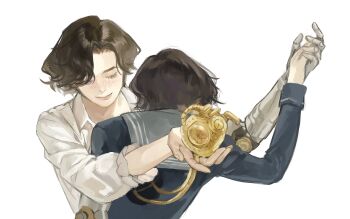 2boys absurdres black_hair brown_hair closed_eyes closed_mouth collared_shirt commentary dancing dual_persona english_commentary eyelashes heart highres holding holding_heart kuishang666 lies_of_p male_focus mechanical_arms mechanical_heart multiple_boys pinocchio_(lies_of_p) prosthesis prosthetic_arm shirt short_hair simple_background single_mechanical_arm smile white_background white_shirt