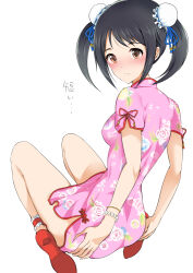 Rule 34 | 1girl, black hair, blue ribbon, blush, bow, bracelet, breasts, brown eyes, bun cover, china dress, chinese clothes, closed mouth, dot nose, double bun, dress, floral print dress, from behind, hair bow, hair bun, hair ribbon, hands on own ass, high heels, idolmaster, idolmaster cinderella girls, idolmaster cinderella girls starlight stage, jewelry, long hair, looking at viewer, looking back, maruwa tarou, medium breasts, nakano yuka, pearl bracelet, pink dress, red footwear, ribbon, short hair, shy, side slit, simple background, sitting, solo, twintails, wariza, white background