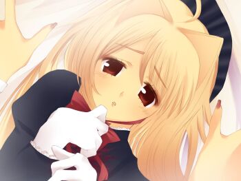 1girl 416769m black_dress blonde_hair blood blood_on_clothes colored_skin die_of_death dress genderswap genderswap_(mtf) gloves hair_intakes hand_on_wall highres lolita_fashion mequot_(die_of_death) red_eyes red_nails red_ribbon ribbon roblox white_gloves yellow_skin