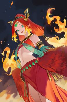 1girl absurdres bare_shoulders breasts crop_top duel_monster feathers fiery_hair fire fire_king_courtier_ulkanix green_eyes harpy headdress highres jewelry long_hair midriff monster_girl multicolored_wings nbee_ya open_mouth orange_hair pointy_ears red_feathers red_hair red_skirt sidelocks skirt solo tiara winged_arms wings yu-gi-oh!