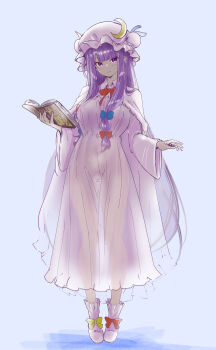 1girl blue_bow blush book bow breasts cape commentary_request crescent crescent_hat_ornament dress footwear_bow frilled_hat frills full_body hair_bow hat hat_ornament highres holding holding_book large_breasts light_smile long_hair long_sidelocks looking_at_viewer mob_cap patchouli_knowledge pink_cape pink_dress pink_hat pink_shoes purple_eyes purple_hair red_bow see-through_clothes shoes sidelocks simple_background soara_shimomo solo straight_hair touhou very_long_hair