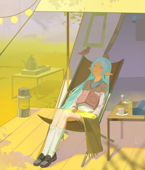 1girl absurdres alternate_hair_color aqua_hair black_shoes book camping chair commentary_request cup earrings frieren full_body highres jewelry kettle lingdu_han long_hair long_sleeves on_chair open_book outdoors pointy_ears shoes sitting sleeping socks solo sousou_no_frieren white_socks