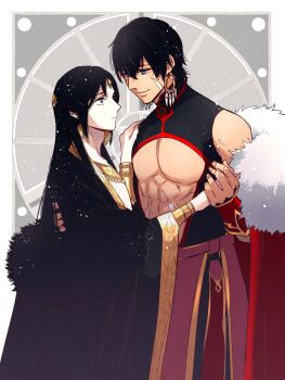 2boys abs ancient_greek_clothes ares_(ohitsuji_ei) bare_shoulders black_hair black_robe black_shirt blue_eyes border bracer cape center_opening closed_mouth commentary_request diamond_earrings earrings expressionless eye_contact facial_scar feather_boa forehead_jewel fur-trimmed_cape fur_trim gold_earrings gold_necklace greco-roman_clothes grey_background hades_(ohitsuji_ei) hair_between_eyes hand_on_another's_shoulder highres holding_hands jewelry light_blush light_particles long_hair looking_at_another male_focus multiple_boys necklace no_nipples off_shoulder ohitsuji_ei open_clothes open_robe outside_border parted_bangs pectorals red_cape robe scar scar_on_cheek scar_on_face scar_on_stomach shirt short_hair simple_background sleeveless sleeveless_shirt smile standing straight_hair toned toned_male tooth_earrings uncle_and_nephew upturned_eyes waist_cape white_border wide_sleeves yukai_na_shintouki