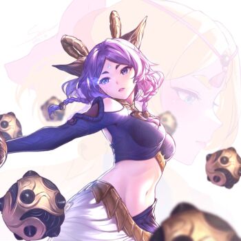 1girl back_cutout braid breasts clothing_cutout commentary_request cowboy_shot crop_top dated dated_commentary facial_mark flaming_eye forehead_mark hatsusen league_of_legends looking_to_the_side medium_breasts midriff navel orb outstretched_arm pants parted_lips purple_eyes purple_hair purple_shirt shirt shoulder_cutout side_braids signature twin_braids white_pants yunara_(league_of_legends)