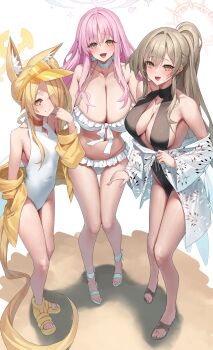 3girls :d absurdres animal_ear_fluff animal_ears bare_shoulders bikini black_one-piece_swimsuit blonde_hair blue_archive blush breasts brown_eyes brown_hair cleavage closed_mouth commentary_request full_body halo highres huge_breasts large_breasts long_hair long_sleeves looking_at_viewer mika_(blue_archive) mika_(swimsuit)_(blue_archive) multiple_girls nagisa_(blue_archive) nagisa_(swimsuit)_(blue_archive) navel official_alternate_costume one-piece_swimsuit open_mouth pink_hair seia_(blue_archive) seia_(swimsuit)_(blue_archive) smile standing stomach swimsuit thighs white_background white_bikini white_one-piece_swimsuit wide_sleeves yamanokami_eaka yellow_eyes