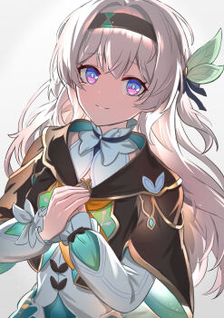 1girl absurdres black_hairband black_jacket closed_mouth commentary double-parted_bangs english_commentary firefly_(honkai:_star_rail) grey_hair hair_ornament hairband hands_on_own_chest highres honkai:_star_rail honkai_(series) jacket long_hair long_sleeves looking_at_viewer own_hands_together purple_eyes shirt simple_background smile smtoau solo upper_body white_background white_shirt