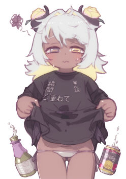 1girl alcohol alternate_costume amaryllis_gumi beer_can black_eyes black_shirt blonde_hair blush can champagne_bottle closed_mouth clothes_writing colored_inner_hair dark-skinned_female dark_skin drink_can feral_lemma flower folded_wings frown gluteal_fold grey_hair hair_flower hair_ornament heterochromia highres horizontal_pupils horns loli medium_hair mini_wings multicolored_hair neon_genesis_evangelion no_pants panties shirt shirt_hold short_sleeves side-tie_panties solo spill squiggle standing sweat translated underwear virtual_youtuber wavy_mouth wet wet_clothes wet_shirt white_panties wings yellow_eyes yellow_flower yotsutsuji_mayoi