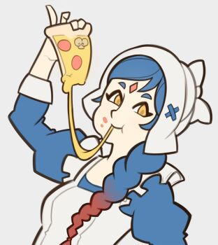 apron bindi blue_hair braid braided_ponytail eating fire_emblem fire_emblem_fates food highres lilith_(fire_emblem) looking_at_viewer maid_headdress multicolored_hair mushroom nintendo pepperoni pizza red_hair simple_background sliced_mushroom splashbrush two-tone_hair yellow_eyes