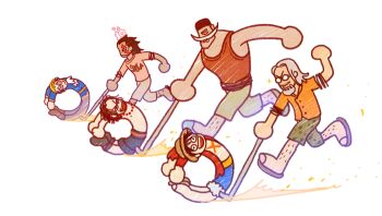 Rule 34 | 6+boys, arm up, ascot, beard, black hair, blonde hair, blue shorts, boots, commentary, den den mushi, edward newgate, facial hair, facial tattoo, father and son, glasses, hat, leg hair, male focus, monkey d. dragon, monkey d. luffy, multiple boys, mustache, one piece, orange shirt, pikaole, portgas d. ace, sabo (one piece), shirt, shorts, silvers rayleigh, smile, straw hat, tank top, tattoo, topless male, white ascot, white hair