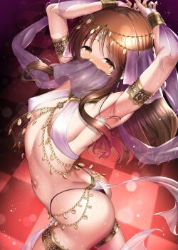 1girl alternate_breast_size_(larger) architecture armlet armpits arms_up ass belly_chain belly_dancing black_panties blurry blush bokeh bracelet breasts brown_eyes brown_hair chain checkered_floor commentary covered_erect_nipples dancer depth_of_field east_asian_architecture embarrassed g-string gold_armlet gold_bracelet gold_chain gold_thighlet harem_outfit head_chain highres idol idolmaster idolmaster_cinderella_girls jewelry long_hair looking_at_viewer ment mouth_veil navel panties presenting_armpit raised_inner_eyebrows see-through_clothes see-through_veil sideboob sling_bikini_top small_breasts solo sweat takamori_aiko thighlet thong twisted_torso underwear veil very_sweaty wispy_bangs