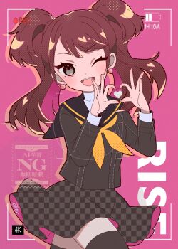 1girl ;d battery_indicator black_jacket black_sailor_collar black_thighhighs character_name checkered_clothes checkered_skirt commentary_request earrings four-finger_heart_hands heart heart_hands highres jacket jewelry kujikawa_rise long_hair long_sleeves looking_at_viewer neckerchief one_eye_closed open_mouth persona persona_4 picture_frame pink_background popo_mocomoco recording sailor_collar school_uniform serafuku skirt smile solo stud_earrings thighhighs twintails yasogami_school_uniform yellow_neckerchief