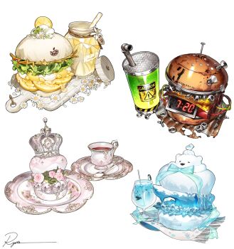 Rule 34 | bear, blue bow, bolt (hardware), bomb, bow, burger, caution, commentary, crown, cup, cutting board, drink, drinking glass, drinking straw, dynamite, explosive, flower, food, food focus, highres, ice, ice cube, icicle, lead pipe, nail (hardware), no humans, nut (hardware), original, plate, polar bear, red flower, red rose, rose, rust, ryota (ry o ta), saucer, screw, sign, spoon, symbol-only commentary, teacup, time bomb, warning sign, white background, white flower