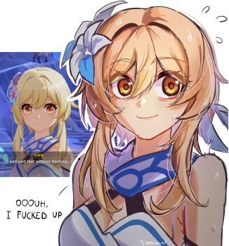 Rule 34 | 1girl, absurdres, bare shoulders, blonde hair, blue trim, breasts, cleavage, dress, english text, feather hair ornament, feathers, flower, game screenshot inset, genshin impact, hair flower, hair ornament, highres, lumine (genshin impact), meroo art, multicolored flower, romper, scarf, screenshot inset, short hair with long locks, smile, solo, surprised, sweat, sweatdrop, white dress, white flower, white romper, white scarf, yellow eyes