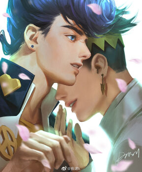 2boys adam&#039;s_apple black_hair blue_eyes commentary_request diamond_wa_kudakenai earrings eyelashes gakuran green_headband headband higashikata_josuke highres jacket jewelry jojo_no_kimyou_na_bouken kdash kishibe_rohan male_focus multiple_boys parted_lips petals school_uniform sideburns signature simple_background undercut white_background white_jacket yaoi