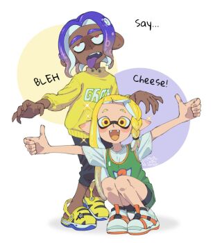 1boy 1girl ariamikukanzaki basketball_jersey bike_shorts black_pants black_shorts blonde_hair blue_hair braid colored_tongue commentary dark-skinned_male dark_skin double_thumbs_up english_commentary english_text eyebrow_cut fangs hirooooo_(splatoon) inkling nintendo octoling pants pointy_ears purple_tongue red_eyes rolling_eyes sandals shirt shoes short_shorts shorts side_braid signature sneakers splatoon_(series) splatoon_3 squatting sweater t-shirt tentacle_hair thumbs_up tongue tongue_out veronika_(splatoon) very_dark_skin white_shirt white_shoes yellow_eyes yellow_sandals yellow_sweater