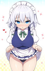 Rule 34 | 1girl, :o, blue eyes, blue skirt, blush, braid, breasts, clothes lift, commentary request, grey hair, highres, izayoi sakuya, large breasts, lifted by self, looking at viewer, maid, maid headdress, rizento, skirt, skirt lift, solo, thighs, touhou, twin braids