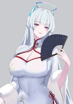 1girl absurdres blue_archive blue_halo blush breasts china_dress chinese_clothes cleavage closed_mouth commentary dress fur_shawl grey_hair halo hand_fan highres holding holding_fan huge_breasts long_hair long_sleeves looking_at_viewer noa_(blue_archive) pink_lips purple_eyes shawl shiraitoart983 sidelocks solo very_long_hair white_dress