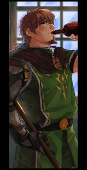 1boy belt blue_ribbon bottle brown_hair cape commentary_request drinking facial_hair fate/grand_order fate_(series) goatee green_tabard green_tunic hector_(fate) highres holding holding_bottle imoda looking_at_viewer male_focus mature_male ponytail prosthesis prosthetic_arm ribbon short_hair short_sleeves solo tabard tunic window