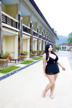 1girl asian black_hair breasts chouzuki_maryou large_breasts photo_(medium) plump solo swimsuit