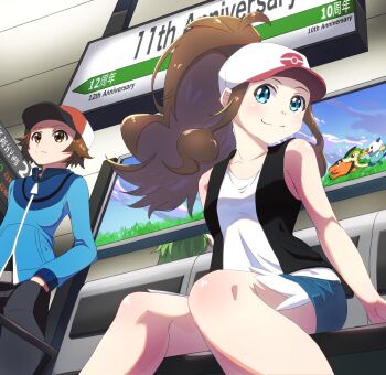 1girl 2boys absurdres anniversary baseball_cap bilingual_text black_pants black_vest blue_eyes blue_jacket brown_eyes brown_hair curly_hair cutoffs denim denim_shorts english_text exposed_pocket from_below gen_5_pokemon green_hair hand_in_pocket hat high_ponytail highres hilbert_(pokemon) hilda_(pokemon) jacket long_hair long_sleeves looking_ahead looking_at_viewer mixed-language_text multiple_boys n_(pokemon) negimiso1989 nintendo oshawott pants poke_ball_print pokemon pokemon_bw ponytail shirt short_hair short_shorts shorts sidelocks sitting sleeveless sleeveless_jacket smile snivy starter_pokemon_trio tank_top tepig train_station vest white_shirt