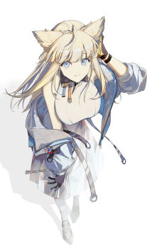1girl arknights arknights:_endfield bird_girl black_gloves blue_eyes breasts collared_dress dress feather_hair full_body gloves grey_hair highres jacket large_breasts leaning_forward looking_at_viewer nanana184555 off_shoulder open_clothes open_jacket perlica_(arknights) shadow simple_background sleeveless sleeveless_dress smile solo standing twitter_username two-sided_gloves white_background white_dress white_jacket yellow_gloves