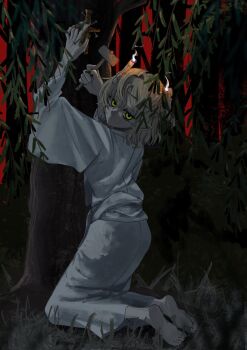 1girl alternate_costume arms_up barefoot blonde_hair candle_on_head commentary dark expressionless fingernails fire forest from_behind grass green_eyes green_nails hammer head_tilt highres holding holding_hammer japanese_clothes jitome kimono kneeling leaf looking_at_viewer looking_back medium_hair mizuhashi_parsee nail_(hardware) nature obi parted_lips pointy_ears red_sky sash sharp_fingernails shiroshouzoku sky solo straw_doll touhou tree untranslatable_commentary watage_milktea white_kimono white_sash