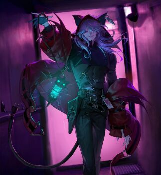 1boy absurdres animal_ear_hood belt black_belt black_pants blue_eyes blurry blurry_background commentary covered_abs cowboy_shot electricity english_commentary fake_animal_ears fingernails gloves grey_gloves grey_hair grey_shirt hair_between_eyes hand_up highres holding hood hood_up hooded_jacket indoors jacket kunai_earrings long_hair looking_at_viewer male_focus open_clothes open_jacket original pants parted_lips purple_background red_jacket sharp_fingernails sharp_teeth shirt slit_pupils smile solo teeth ven0305