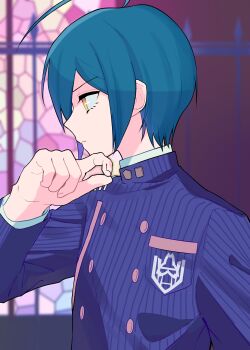 Rule 34 | 1boy, absurdres, ahoge, black hair, black jacket, blue hair, buttons, collared jacket, commentary request, danganronpa (series), danganronpa v3: killing harmony, eyelashes, from side, hair between eyes, hand on own chin, highres, jacket, long sleeves, luna 11777, male focus, pinstripe jacket, pinstripe pattern, profile, saihara shuichi, serious, short hair, solo, striped clothes, thinking, upper body, yellow eyes