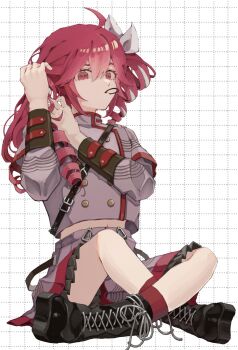 1girl black_boots boots buttons commentary double-breasted drill_hair full_body grey_jacket grey_skirt grid_background hair_between_eyes hair_tie_in_mouth hairdressing highres indian_style jacket kasane_teto kasane_teto_(sv) lace-up_boots long_sleeves looking_at_viewer looking_to_the_side mouth_hold pleated_skirt red_eyes red_socks red_trim shoulder_belt sitting skirt socks solo synthesizer_v tebasaki_hina twin_drills utau white_background