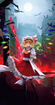 Rule 34 | 1girl, artist name, ascot, bat (animal), blonde hair, commentary, crystal wings, flandre scarlet, frilled skirt, frills, full body, full moon, hat, highres, looking at viewer, mob cap, moon, night, puffy short sleeves, puffy sleeves, red eyes, red skirt, sakizaki saki-p, short sleeves, skirt, solo, standing, touhou, white hat, wings, yellow ascot