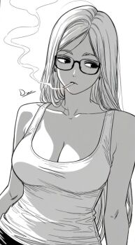 1girl ayase_seiko bare_arms bare_shoulders breasts cigarette cleavage collarbone dandadan divadiva548447 earrings glasses greyscale hashtag-only_commentary jewelry large_breasts long_hair looking_to_the_side monochrome parted_bangs sideways_glance signature smoke smoking solo tank_top upper_body white_background