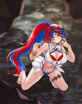 1girl absurdres armlet asphyxiation bikini blue_bikini blue_eyes blue_hair breasts cleavage criss-cross_halter crossed_bangs diving drowning female_alear_(fire_emblem) female_alear_(seaside_dragon)_(fire_emblem) fire_emblem fire_emblem_engage fire_emblem_heroes freediving gold_armlet gold_thighlet halterneck hazuki_(nyorosuke) heterochromia highres holding_breath jewelry large_breasts large_variant_set long_hair multicolored_bikini multicolored_hair multicolored_swimsuit nintendo official_alternate_costume official_alternate_hairstyle partially_shaded_face peril ponytail red_bikini red_eyes red_hair showgirl_skirt solo split-color_hair submerged swimming swimsuit thighlet two-tone_hair underwater variant_set very_long_hair white_bikini