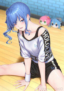 1girl artist_name black_shorts blue_eyes blue_hair blush clothes_writing collarbone commentary_request cropped_shirt hair_ribbon hands_on_ground highres hololive hololive_dance_practice_uniform hoshimachi_suisei long_hair looking_at_viewer mochidoru_(plush) official_alternate_costume one_eye_closed ribbon sakura_miko shirt shorts side_ponytail sitting smile solo stretching stuffed_toy tongue tongue_out twitter_username virtual_youtuber white_shirt wristband zucchini