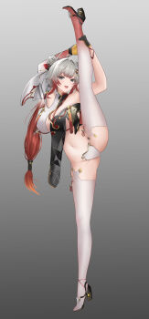 1girl :d absurdres ahoge arms_up asymmetrical_clothes bare_shoulders black_gloves breasts bubu_(snowbreak) chinese_commentary cleavage collarbone commentary_request double_bun flexible full_body gloves gradient_hair gradient_legwear grey_background grey_eyes grey_hair hair_bun hair_intakes high_heels highres holding_own_leg large_breasts leg_lift leg_up long_hair looking_at_viewer low-tied_long_hair multicolored_gloves multicolored_hair navel official_alternate_costume open_mouth red_hair red_thighhighs shuo_bian_yue sidelocks simple_background smile snowbreak:_containment_zone solo split standing standing_on_one_leg standing_split stomach strapless_bottom teeth thighhighs two-tone_gloves two-tone_hair upper_teeth_only white_thighhighs yellow_gloves