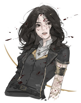 1girl absurdres armband asian black_eyes black_hair black_jacket clair_obscur:_expedition_33 highres jacket k_hottok long_hair lune_(clair_obscur:_expedition_33) open_mouth tattoo