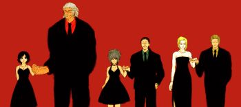 Rule 34 | 3boys, 3girls, black dress, black hair, black suit, breasts, cleavage, cowboy shot, cross, cross necklace, dress, eye contact, facial hair, formal clothes, grey hair, hair slicked back, hanba guyokota, hand grab, hand hair, height difference, highres, hunter x hunter, jewelry, looking at another, machi komacine, medium hair, multiple boys, multiple girls, muscular, muscular male, mustache, mutton chops, necklace, nobunaga hazama, pakunoda, pencil mustache, phinks magcub, ponytail, red background, shizuku murasaki, simple background, smile, spiked hair, suit, uvogin